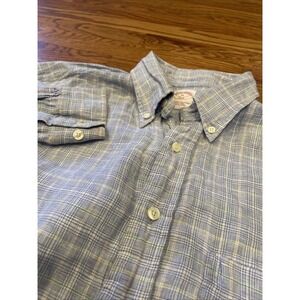 Brooks Brothers 346 Men's 100% Linen Button Down Shirt Blue Plaid Size Medium